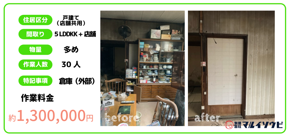 住居と店舗併用の戸建てを片付けした際の料金詳細です。